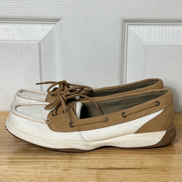 Sperry Shoes - Sperry Women's Tan Leather and Canvas Boat Shoes size 8.5 slip on nautical beach